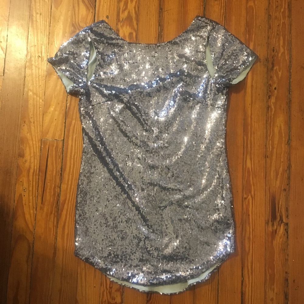 Silver sequin shift mini dress w/ low back